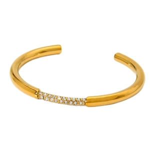 Polished 18K gold stainless steel geometric cuff bracelet with sparkling zircon stones