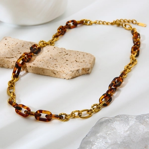 Vintage Roestvrij Staal 18K Verguld Grobe Ketting Halsketting Amber Acryl Schildpad Verbinding Halssieraden Voor Vrouwen