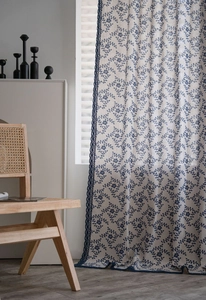Detailed blue floral print curtain with delicate hollow lace edge in vintage style