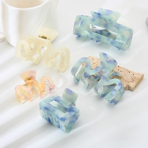 Pinze per Capelli in Acetato Stile Francese Marmo Blu Ondulate Geometriche Pinze a Squalo Eleganti Accessori Capelli Donna