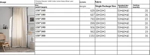 Size chart for solid linen curtain with navy lace trim available in seven dimensions