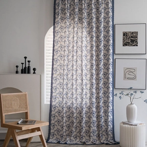 American Country Blue Floral Cotton Linen Curtain Semi-Blackout Window Treatment With Navy Lace Edge For Home Kitchen