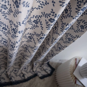 Floral curtains with blue plum print and lace trim for kitchen or partition