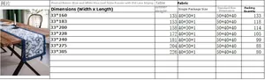 Detailed size chart for navy blue floral table runner with lace edge specifications