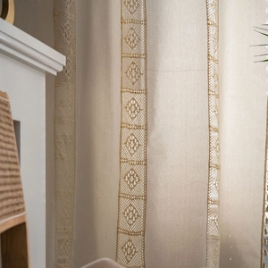 French retro cream cotton linen curtain with hollow crochet lace and tassel trim