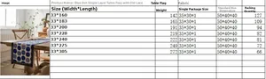 Size chart for navy blue floral table runner with lace trim detailing specifications