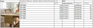 Size chart showing multiple lengths for yellow geometric jacquard table runner with tassels