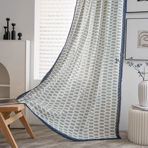 Rideau Pastoral Américain en Lin de Coton avec Imprimé Épi de Blé Semi-Occultant avec Bordure en Dentelle Bleu Marine Oeillets Crochet
