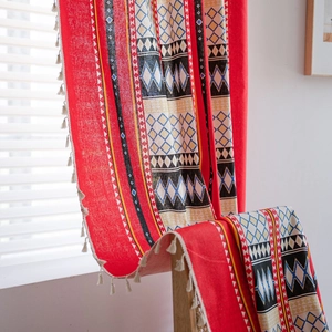 Red Bohemian linen curtain with geometric patterns and white fringe tassels decoration