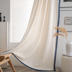Minimalist creamy white cotton linen curtain with navy blue lace trim for home decor