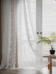 Detailed view of semi-transparent white lace curtain with delicate floral patterns
