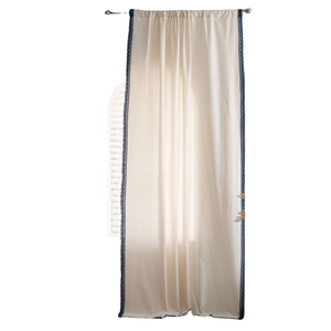 White cotton linen curtain with navy lace trim and gold leaf embroidery decor