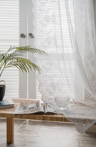 Detailed close-up of white floral lace curtain with elegant scalloped edges and mesh texture