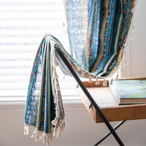 Bohemian striped printed cotton linen curtain with decorative cream fringe tassels