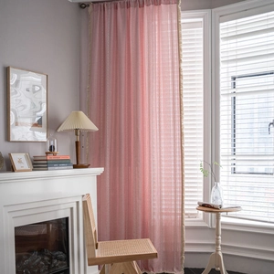 Pink striped linen curtains with elegant beige tassels for rustic home decoration