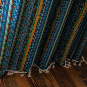 Bohemian striped cotton linen curtain with colorful geometric patterns and fringe