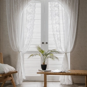 Vintage French White Lace Sheer Curtains For Living Room Floral Embroidery Scalloped Edge Translucent Window Voile Curtains 2 Panels