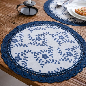 Floral table runner in navy blue plum print with elegant crochet lace edge detail