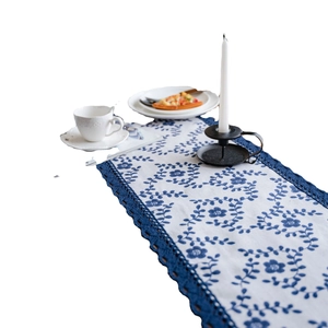 Navy floral table runner with lace trim for rustic farmhouse dining decor