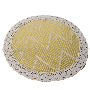 Nordic yellow geometric jacquard round placemat with wide white lace border trim