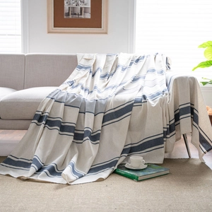 Modern navy blue striped sofa throw blanket made of breathable cotton linen fabric