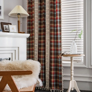 American Retro Plaid Splicing Curtains With Lace Crochet And Tassels For Kitchen Bedroom Window Semi-Blackout Farmhouse Decor