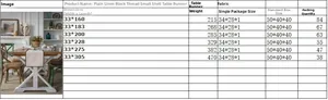 Size chart for plain linen table runner with black stitching and small shell details