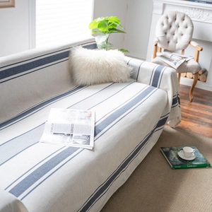 Navy blue striped cotton sofa cover throw with decorative fringe for modern home decor