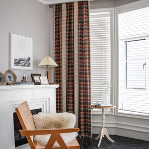 Plaid checkered curtains with red brown weave and lace trim for farmhouse windows