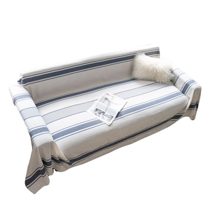 Navy blue striped minimalist cotton linen sofa throw cover for living room decor