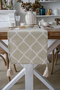 Detailed texture of sage green quatrefoil table runner with cotton tassels on wood table