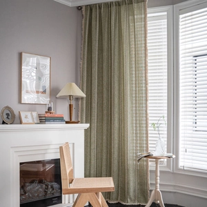 Green rustic linen curtains with white wave embroidery and delicate side fringe trim