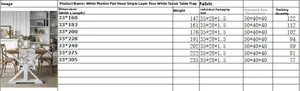 Size chart showing marble pattern table runner dimensions from 160cm to 305cm with weights