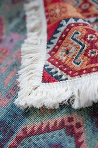 Macro shot of ethnic red jacquard sofa cover featuring geometric patterns and white tassels