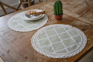Detail of round green placemats with geometric patterns and white lace trim edge