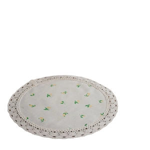 Floral table mat with lemon print and beige lace border for rustic kitchen decor