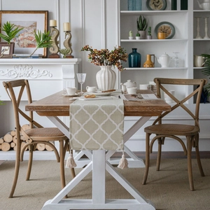 Pastoral Geometric Floral Table Runner With Tassels Cotton Polyester Blend Modern Farmhouse Dining Room Table Decor Tablecloth