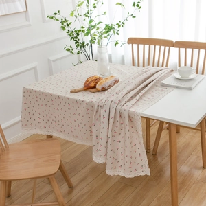 Pastoral cotton linen tablecloth with red cherry print and white lace border decoration