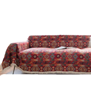 Ethnic bohemian geometric red jacquard sofa cover throw with cream tassels decoration
