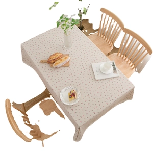 Pastoral cherry print tablecloth with lace edges in cream cotton linen blend