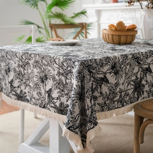 Toile de Jouy black and white jungle animal tablecloth with elegant tassel edges
