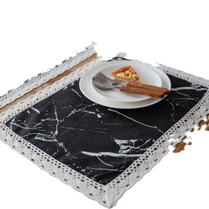 American style table runner with marble print and white lace trim for dining decoration