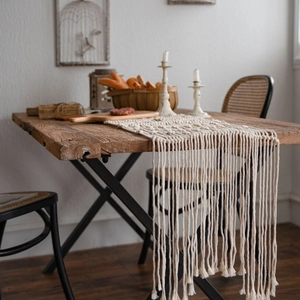 Handmade macrame table runner with cotton tassels for bohemian style home wedding decor