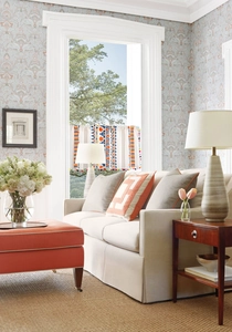 Detail of elegant geometric printed curtain valance with luxury tassel trim in living room