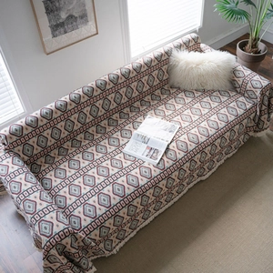 Bohemian geometric jacquard sofa cover with tassels in rustic American country style