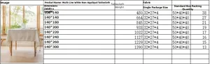 Size chart for white striped tablecloth with tassels showing dimensions and fabric weights