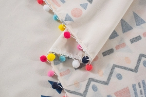 Detail of geometric printed fabric with colorful pom-pom fringe and woven texture