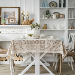 Rustic Cotton Linen Floral Printed Tablecloth With Hollow Out Crochet Lace Patchwork Vintage Rectangular Dining Table Cover