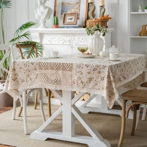 Lace patchwork tablecloth with dandelion print on linen-style fabric for dining room decor