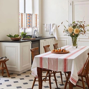 Ethnic geometric print cafe curtain with colorful pompom trim for kitchen and cabinets